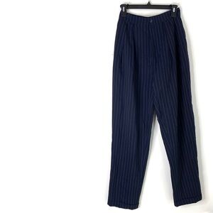 comma High Waist Navy Blue Wool Pinstripe Pleated Trousers Vintage Tailored Pant